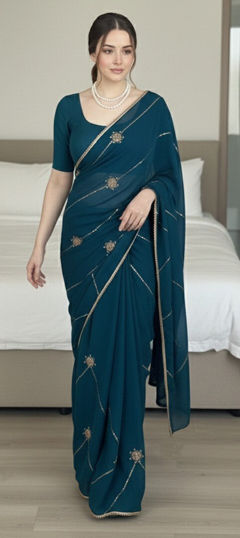 Blue color Saree in Crushed Silk fabric with Bugle Beads, Embroidered work