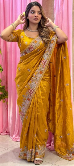 Yellow color Saree in Tissue fabric with Embroidered work
