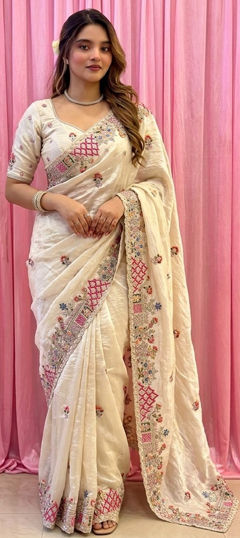 White and Off White color Saree in Tissue fabric with Embroidered work