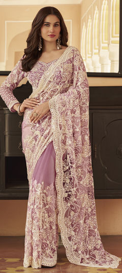 Purple and Violet color Readymade Saree in Net fabric with Bugle Beads, Sequence, Thread, Zari work