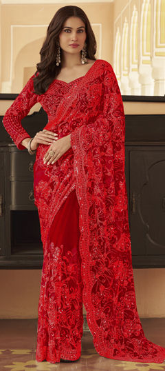 Red and Maroon color Readymade Saree in Net fabric with Bugle Beads, Sequence, Thread, Zari work