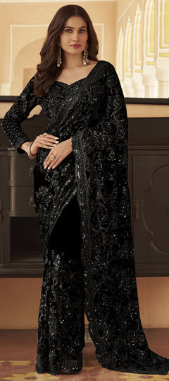 Black and Grey color Readymade Saree in Net fabric with Bugle Beads, Sequence, Thread, Zari work