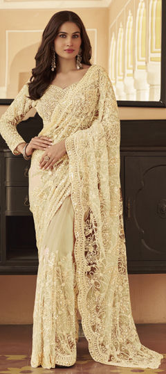 White and Off White color Readymade Saree in Net fabric with Bugle Beads, Sequence, Thread, Zari work