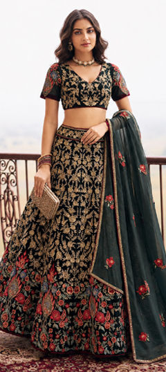 Green color Lehenga in Net fabric with Embroidered, Sequence, Stone, Thread, Zari work