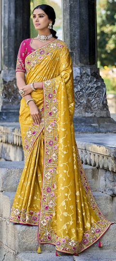 Yellow color Saree in Tissue fabric with Embroidered, Sequence work