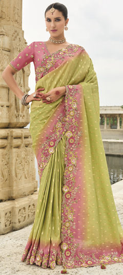 Green, Pink and Majenta color Saree in Tissue fabric with Embroidered, Sequence work