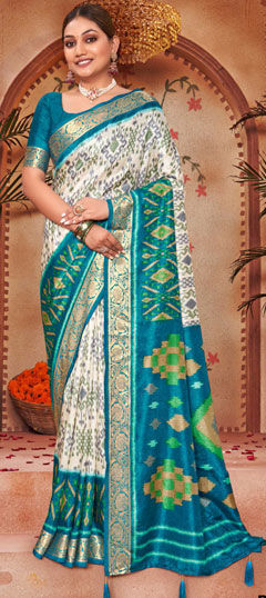 Blue color Saree in Silk fabric with Printed, Weaving work