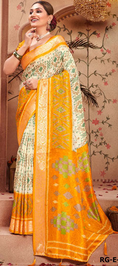 White and Off White, Yellow color Saree in Silk fabric with Printed, Weaving work