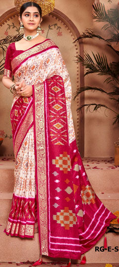 Pink and Majenta, White and Off White color Saree in Silk fabric with Printed, Weaving work