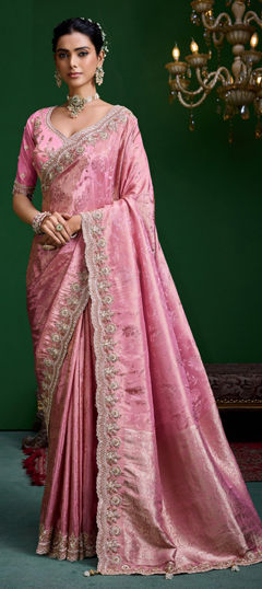 Pink and Majenta color Saree in Tissue fabric with Bugle Beads, Cut Dana, Sequence, Thread work