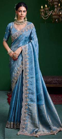 Blue color Saree in Tissue fabric with Bugle Beads, Cut Dana, Sequence, Thread work