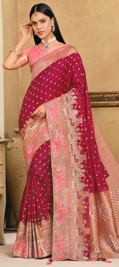 Pink and Majenta color Saree in Silk fabric with Weaving work