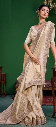 Beige and Brown color Saree in Tissue fabric with Bugle Beads, Cut Dana, Sequence, Thread work
