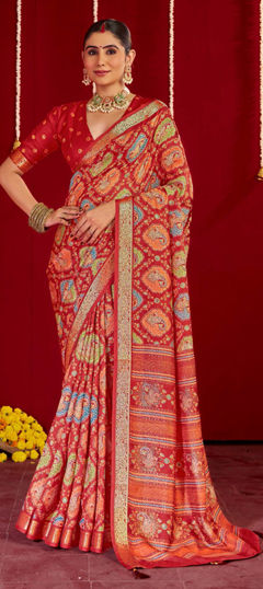 Red and Maroon color Saree in Silk fabric with Printed, Weaving work