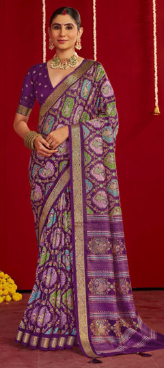 Purple and Violet color Saree in Silk fabric with Printed, Weaving work