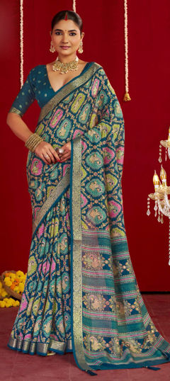 Blue color Saree in Silk fabric with Printed, Weaving work