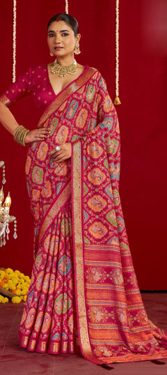 Pink and Majenta color Saree in Silk fabric with Printed, Weaving work