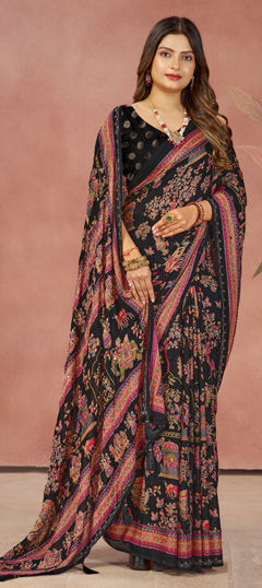 Black and Grey color Saree in Silk fabric with Printed, Weaving work