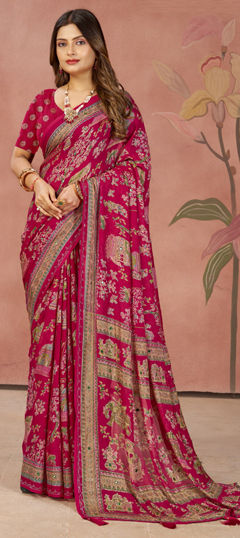 Pink and Majenta color Saree in Silk fabric with Printed, Weaving work