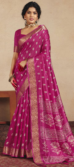 Pink and Majenta color Saree in Silk fabric with Weaving work