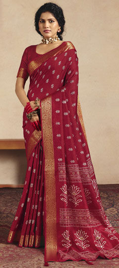 Red and Maroon color Saree in Silk fabric with Weaving work