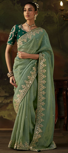 Green color Saree in Viscose fabric with Border, Embroidered, Resham, Sequence, Stone, Zari work
