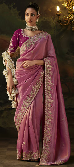 Pink and Majenta color Saree in Viscose fabric with Border, Embroidered, Resham, Sequence, Stone, Zari work