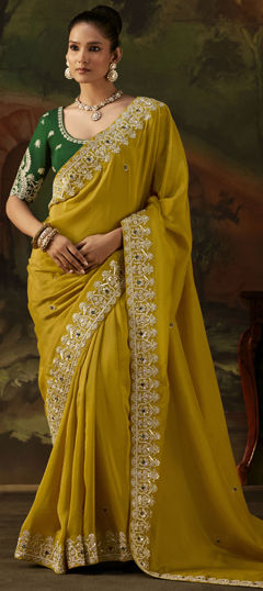Yellow color Saree in Viscose fabric with Embroidered, Resham, Sequence, Stone, Zari work