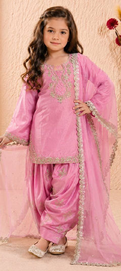 Pink and Majenta color Kids Salwar in Roman Silk fabric with Embroidered, Moti, Sequence work