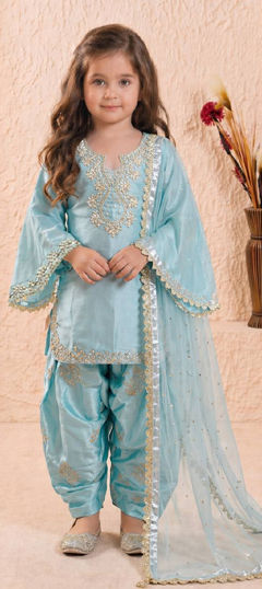 Blue color Kids Salwar in Roman Silk fabric with Embroidered, Moti, Sequence work