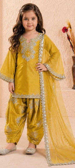 Yellow color Kids Salwar in Roman Silk fabric with Embroidered, Moti, Sequence work