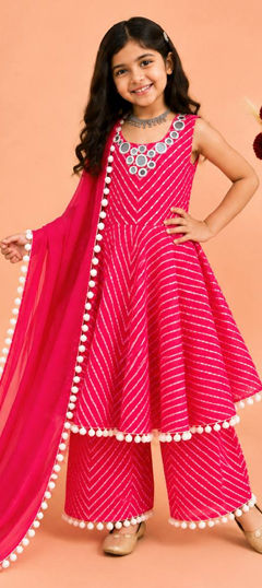 Pink and Majenta color Kids Salwar in Faux Georgette fabric with Digital Print, Lace, Mirror, Thread work