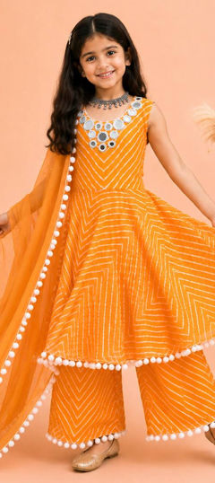 Yellow color Kids Salwar in Faux Georgette fabric with Digital Print, Lace, Mirror, Thread work