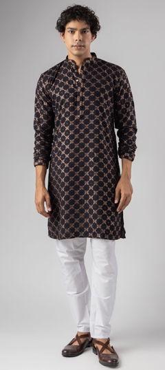 Black and Grey color Kurta Pyjamas in Rayon fabric with Embroidered work
