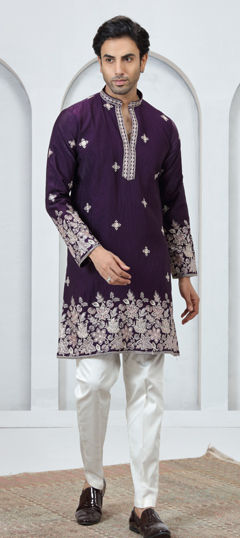 Purple and Violet color Kurta Pyjamas in Art Silk fabric with Embroidered work