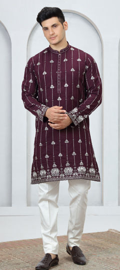 Pink and Majenta color Kurta Pyjamas in Art Silk fabric with Embroidered work
