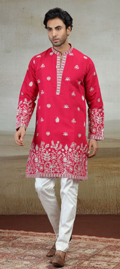 Pink and Majenta color Kurta Pyjamas in Art Silk fabric with Embroidered work
