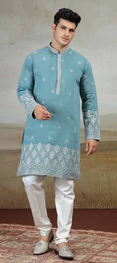 Blue color Kurta Pyjamas in Art Silk fabric with Embroidered work