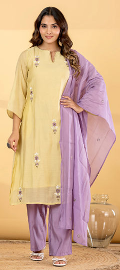 Yellow color Salwar Kameez in Mul Chanderi fabric with Embroidered, Lace, Zari work