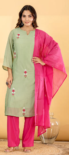 Green color Salwar Kameez in Mul Chanderi fabric with Embroidered, Zari work
