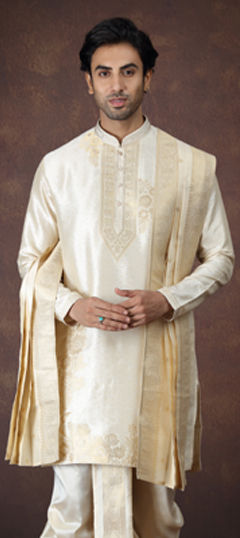 Beige and Brown color Kurta in Jacquard fabric with Weaving work