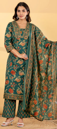 Green color Salwar Kameez in Cotton fabric with Floral, Printed, Sequence, Zari work
