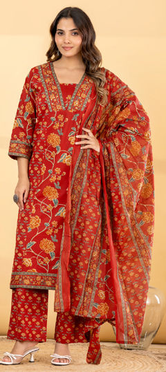Red and Maroon color Salwar Kameez in Cotton fabric with Floral, Printed, Sequence, Zari work
