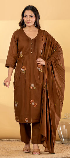 Beige and Brown color Salwar Kameez in Cotton fabric with Embroidered, Sequence work