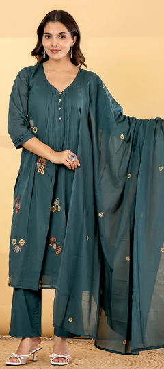 Green color Salwar Kameez in Cotton fabric with Embroidered, Sequence work