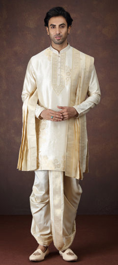 Beige and Brown color Dhoti Kurta in Jacquard fabric with Weaving work