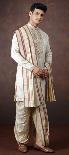 Beige and Brown color Dhoti Kurta in Jacquard fabric with Weaving work