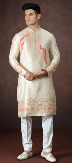 Beige and Brown color Kurta Pyjamas in Jacquard fabric with Weaving work