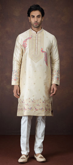 Beige and Brown color Kurta Pyjamas in Jacquard fabric with Weaving work