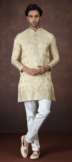 Gold color Kurta Pyjamas in Jacquard fabric with Weaving work